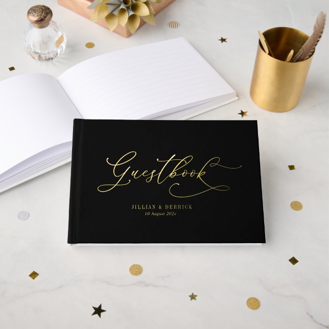 elegant script black and gold wedding foil guest book  (Front Open)