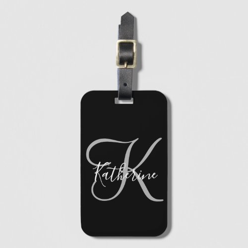 Elegant Script Black and Gray Girly Monogrammed Luggage Tag