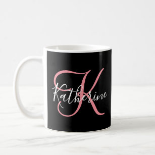 Elegant Script Black and Pink Girly Monogram Coffee Mug