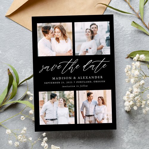 Elegant Script Black and White 4 Photo Collage Save The Date