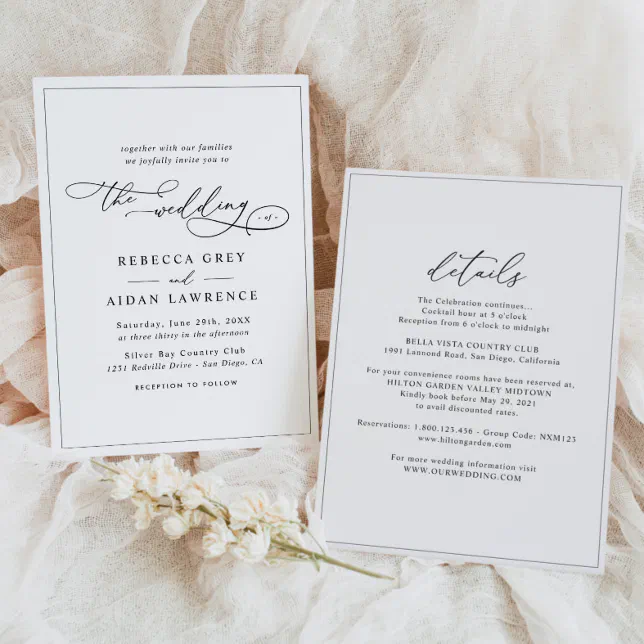 Elegant Script Black and White All In One Wedding Invitation | Zazzle