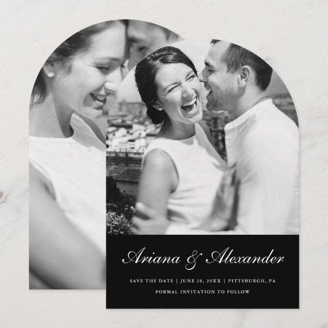 Elegant Script Black and White Arch Photo Wedding Save The Date (Front/Back)
