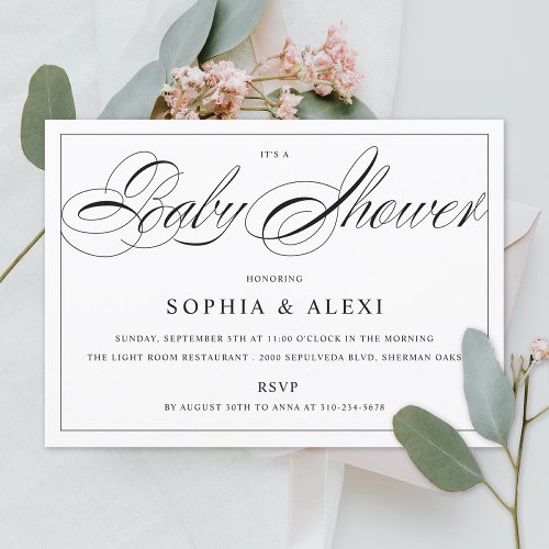 Elegant Script Black and White Baby Shower Invitation