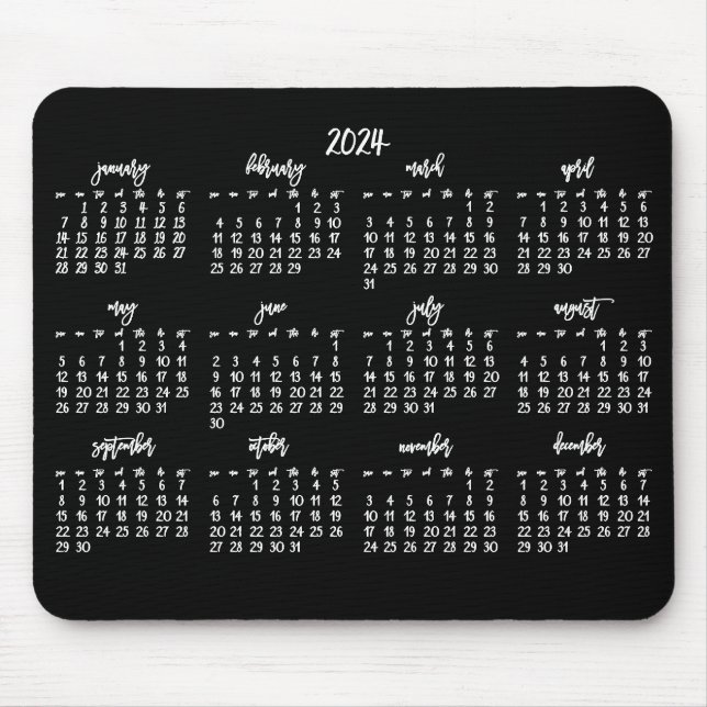 Elegant Script Black And White Calendar 2024 Mouse Pad (Front)