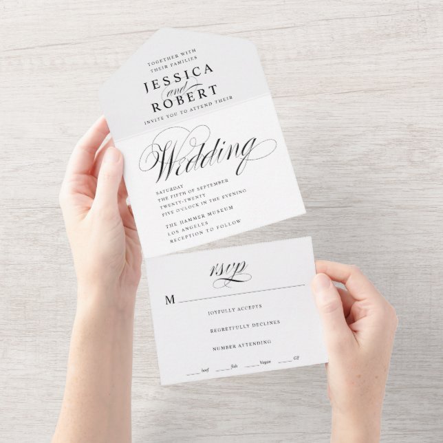 Elegant Script Black and White Calligraphy Wedding All In One Invitation (Tearaway)