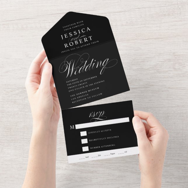 Elegant Script Black and White Calligraphy Wedding All In One Invitation (Tearaway)