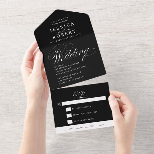 Elegant Script Black and White Calligraphy Wedding All In One Invitation