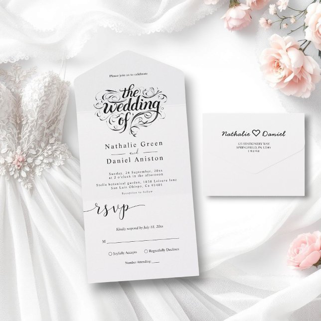 Elegant Script Black and White Classic Wedding All In One Invitation (Creator Uploaded)