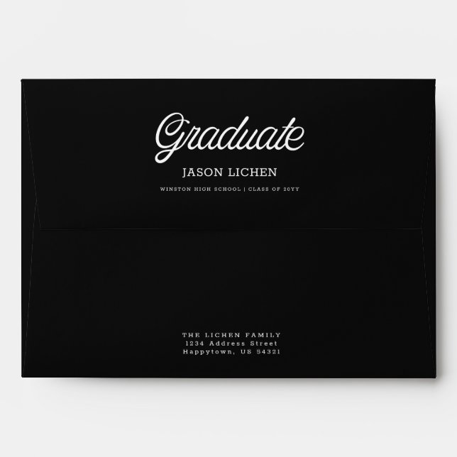 Elegant Script Black and White Graduation Envelope (Back (Top Flap))