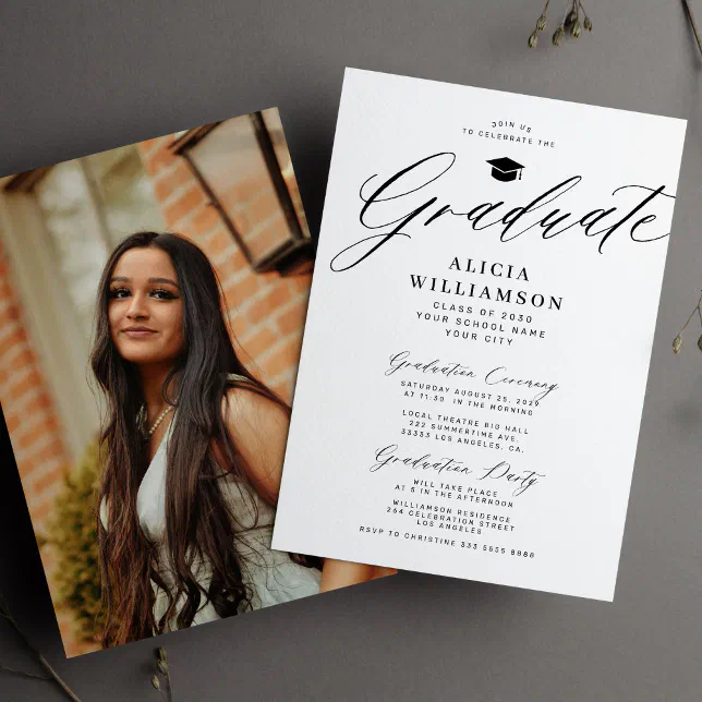 Elegant script black and white graduation party invitation | Zazzle