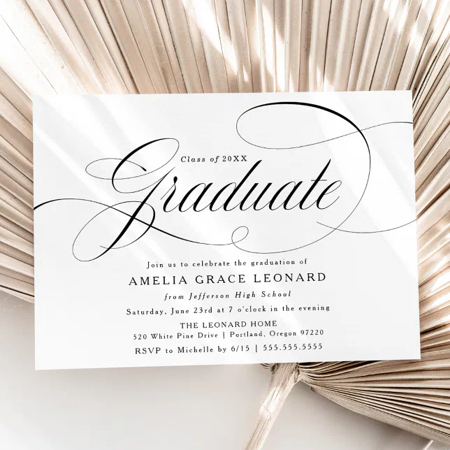Elegant Script Black and White Graduation Party Invitation | Zazzle