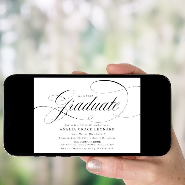 Elegant Script Black and White Graduation Party Invitation (Front Digital)