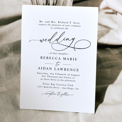 Elegant Script Black and White Minimal Wedding Invitation