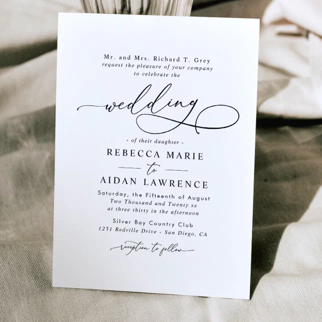 Elegant Script Black And White Minimal Wedding Invitation 