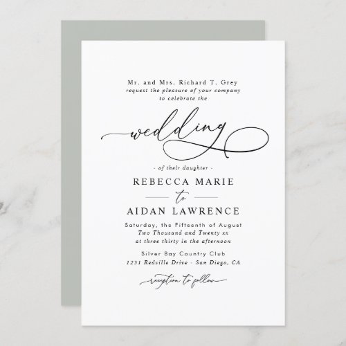 Elegant Script Black and White Minimal Wedding Invitation - This elegant Wedding Invitation features a sweeping script calligraphy text paired with a classy serif & modern sans font in black and frosted sage green back with a customizable monogram. Matching items available.