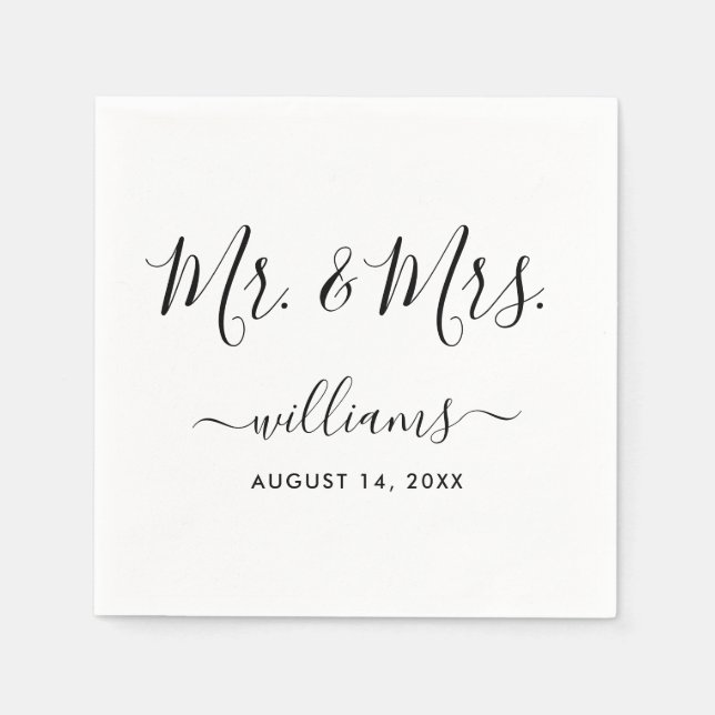 Elegant Script Black and White Mr. and Mrs. Napkins (Front)