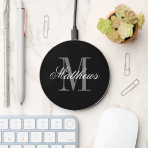 Elegant script black and white name monogram wireless charger