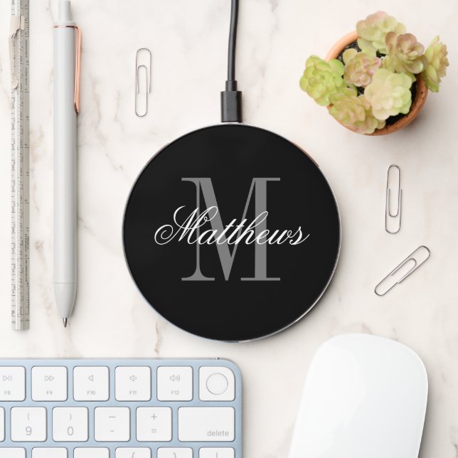 Elegant script black and white name monogram wireless charger  (Desk)