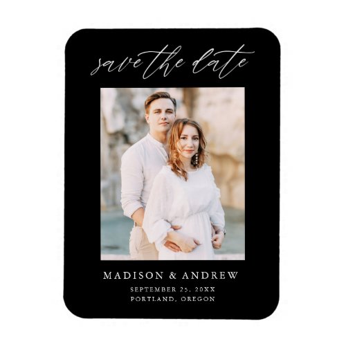 Elegant Script Black and White Photo Save The Date Magnet