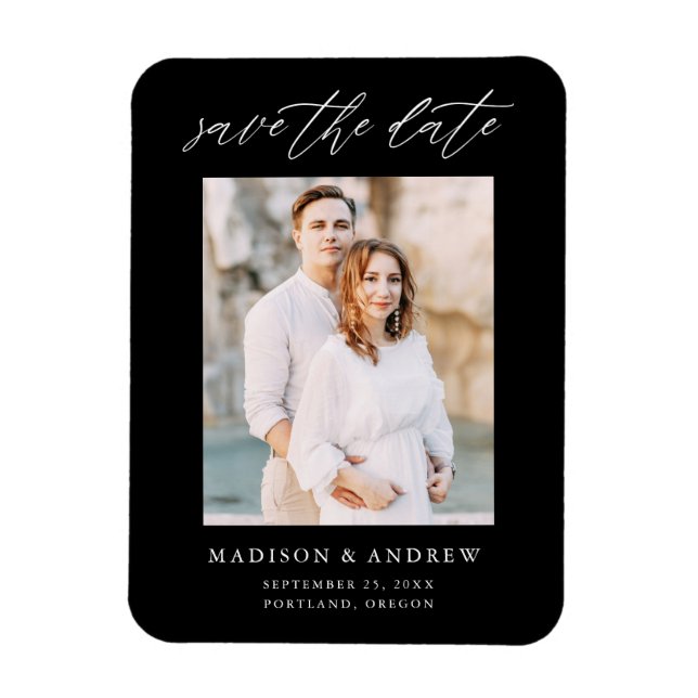 Elegant Script Black and White Photo Save The Date Magnet (Vertical)