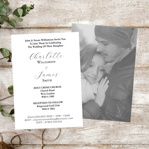 Elegant Script Black And White Photo Wedding Invitation
