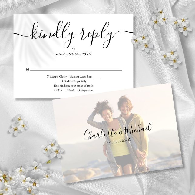 Elegant Script Black and White Photo Wedding RSVP Card (Elegant Script Black and White Photo Wedding RSVP Card)