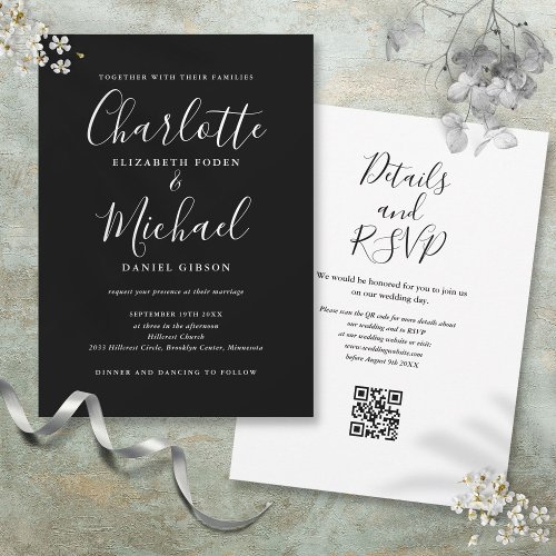 Elegant Script Black And White QR Code Wedding Invitation