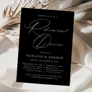 Elegant Script Black and White Rehearsal Dinner Invitation