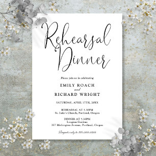 Elegant Script Black And White Rehearsal Dinner Invitation