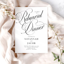 Elegant Script Black and White Rehearsal Dinner Invitation