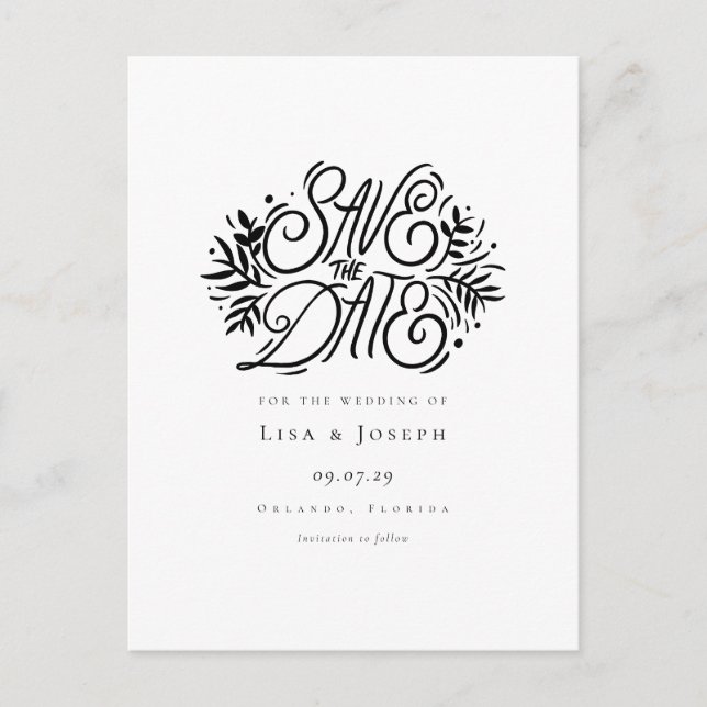 Elegant Script Black and White Save the Date Announcement Postcard (Front)