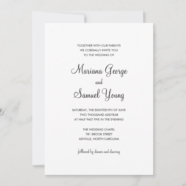 Elegant Script Black and White Simple Wedding Invitation (Front)