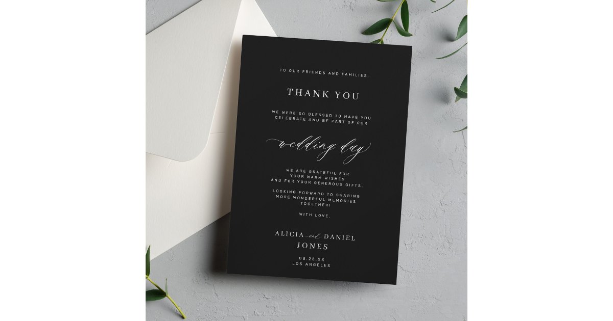 Elegant script black and white simple wedding thank you card | Zazzle