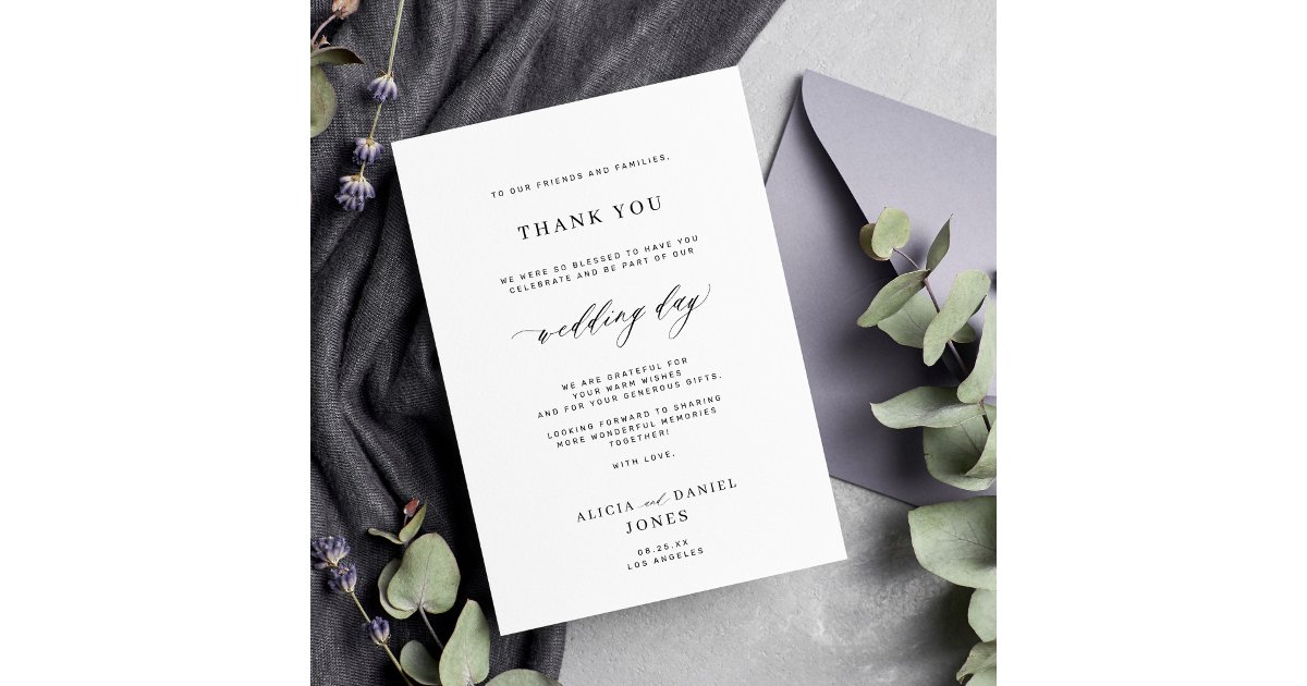 Elegant script black and white simple wedding thank you card | Zazzle