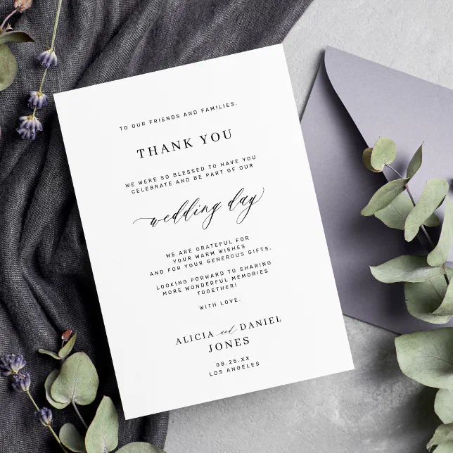 Elegant script black and white simple wedding thank you card | Zazzle