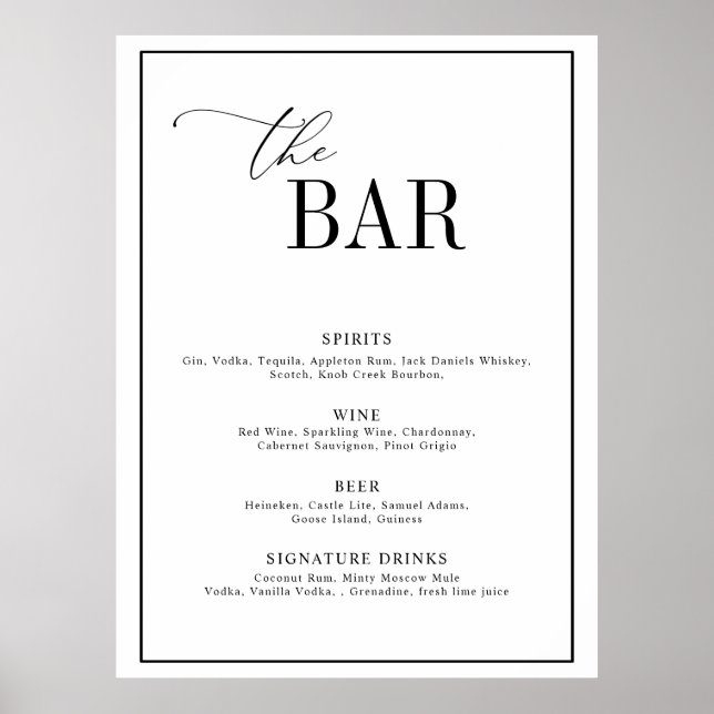 elegant script black and white wedding bar menu poster (Front)