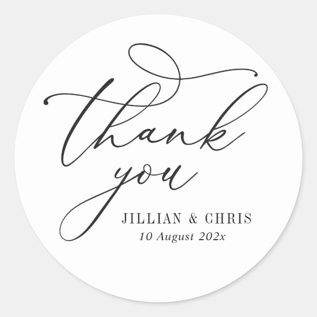 elegant script black and white wedding classic round sticker (Front)
