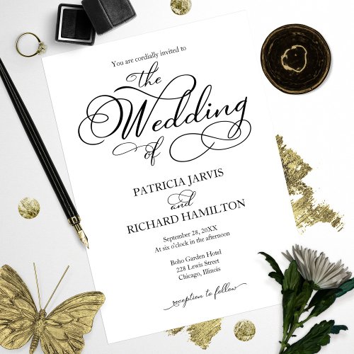 Elegant Script Black And White Wedding Invitation