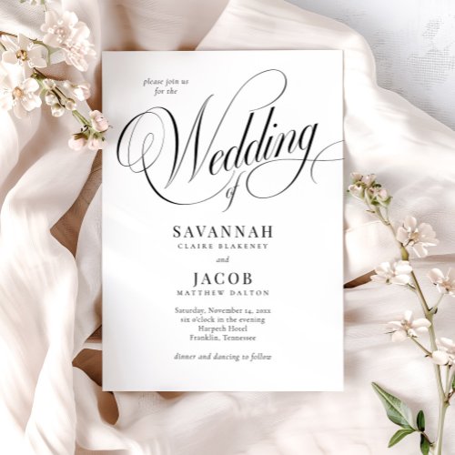 Elegant Script Black and White Wedding Invitation