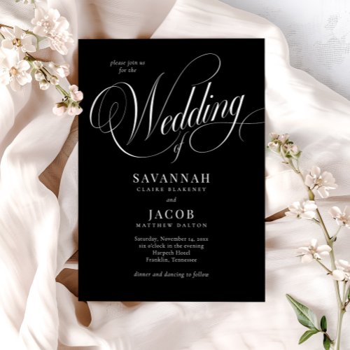 Elegant Script Black and White Wedding Invitation