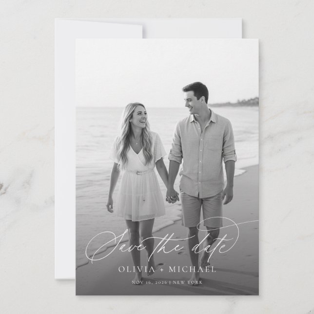 Elegant Script Black and White Wedding Photo Save The Date (Front)
