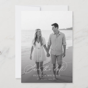 Elegant Script Black and White Wedding Photo Save The Date