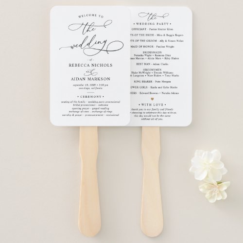 Elegant Script Black and White Wedding Program Hand Fan - Designed to coordinate with our Classic BnW wedding collection, this customizable Ceremony program, features a sweeping script calligraphy text paired with a classy serif font in black. Background & text colours can be changed to match any color theme. Matching items available.