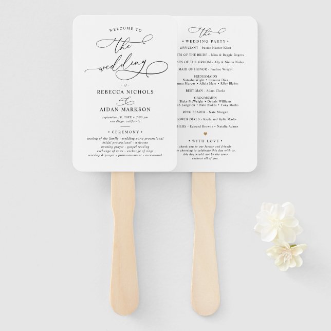 Elegant Script Black and White Wedding Program Hand Fan (Front and Back)