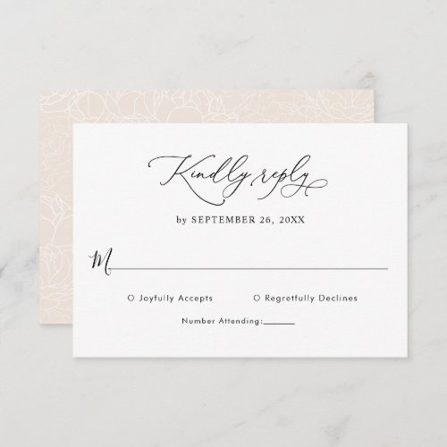 Elegant Script Black and White Wedding Rsvp Card - Designed to coordinate with our Romantic Script wedding collection, this customizable RSVP card, features a sweeping script calligraphy text paired with a classy serif & modern sans font in black with a dewy blush back. The text and background can be changed to any color to match your theme. To make advanced changes, go to "Click to customize further" option under Personalize this template.