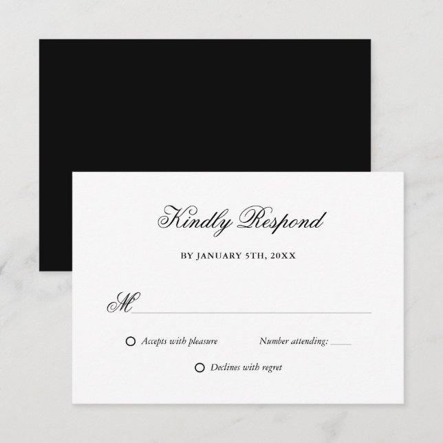 Elegant Script Black and White Wedding RSVP Card (Front/Back)