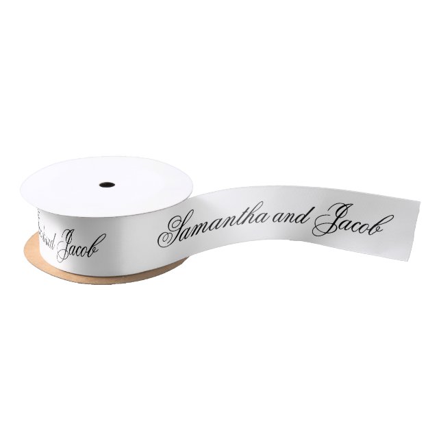 Elegant Script Black and White Wedding  Satin Ribbon (Spool)