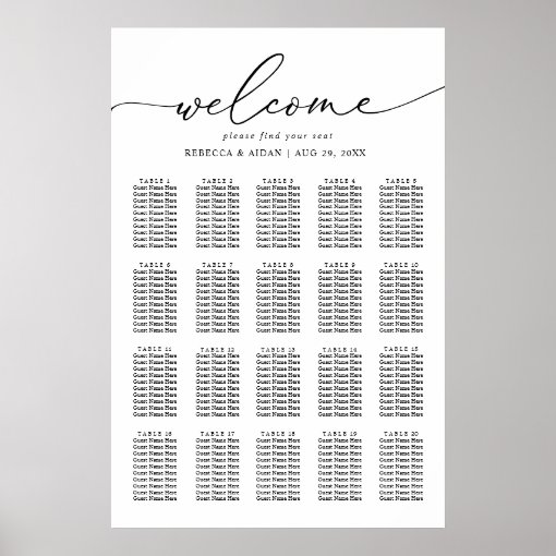 Elegant Script Black and White Wedding Seating Poster | Zazzle