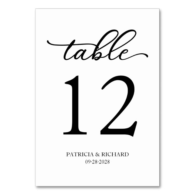 Elegant Script Black and White Wedding Table Number (Front)