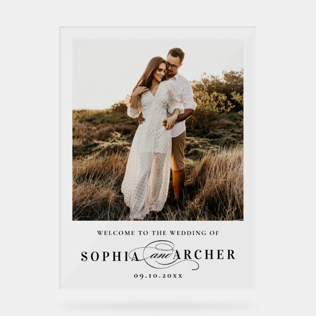 Elegant Script Black and White Wedding Welcome Acrylic Sign (Front)